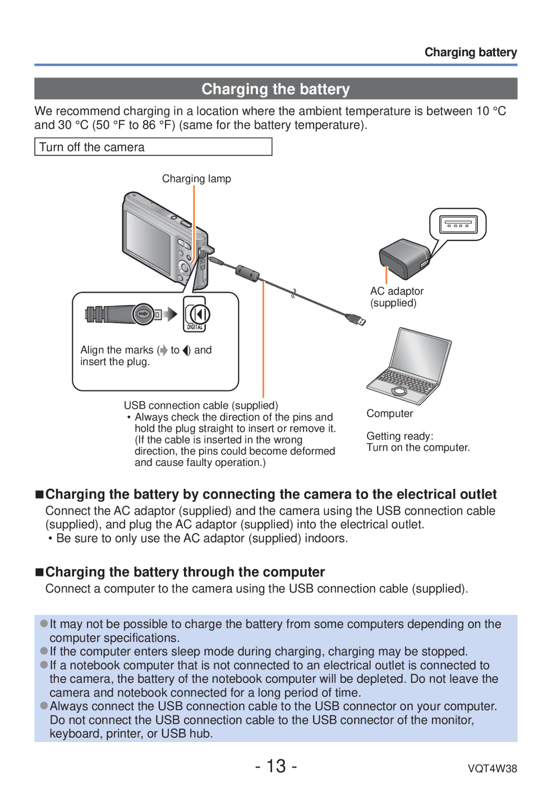 Panasonic DMC-F5 owner manual Charging the battery through the computer 