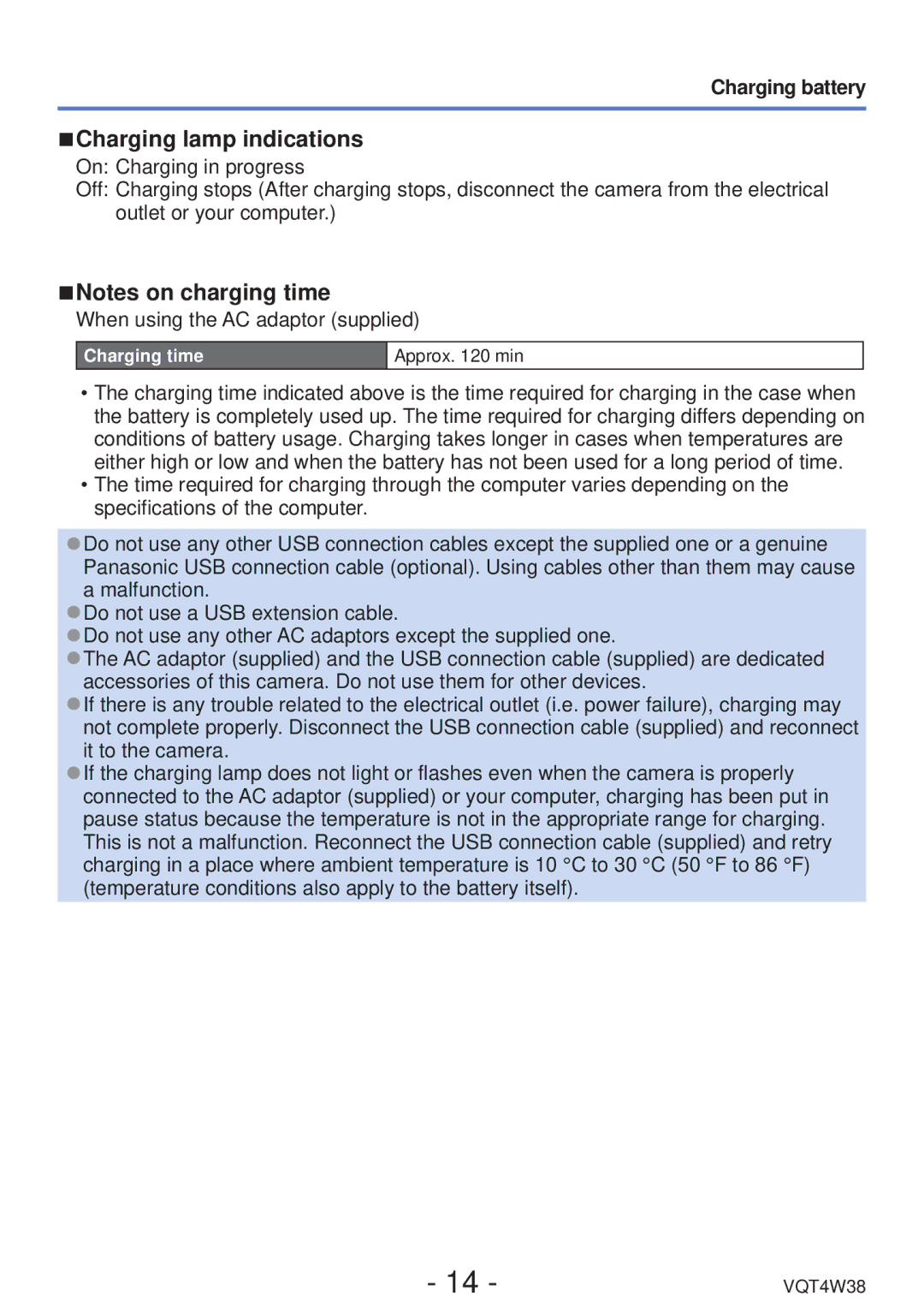 Panasonic DMC-F5 owner manual Charging lamp indications 