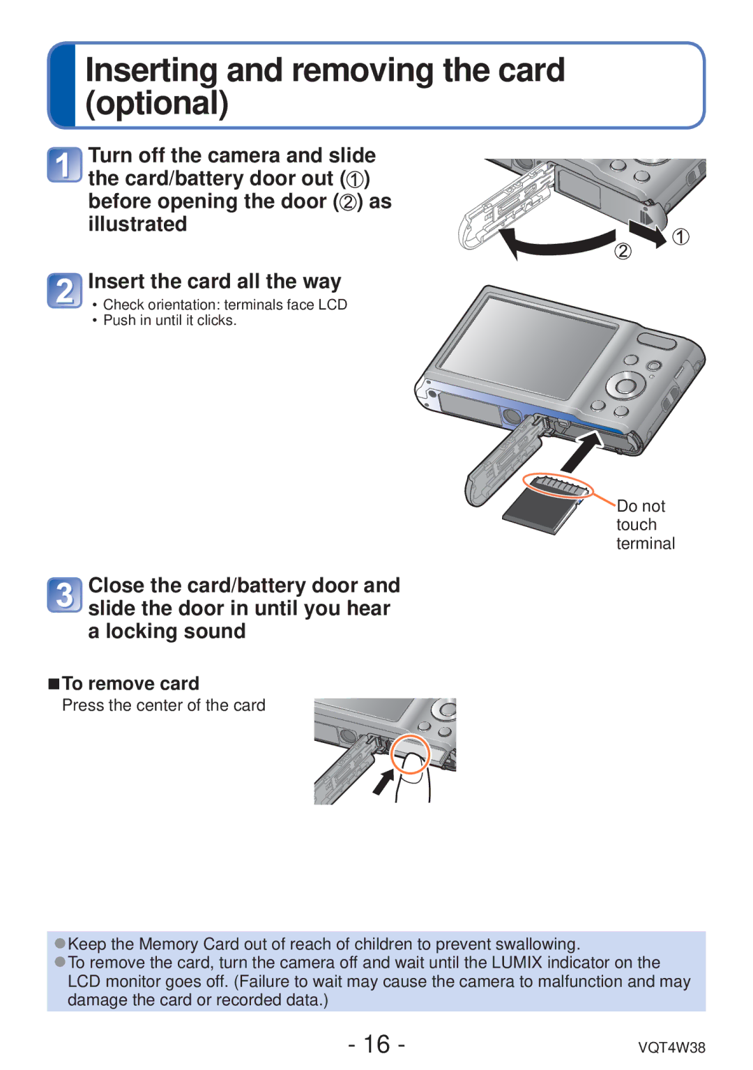 Panasonic DMC-F5 owner manual Inserting and removing the card optional, To remove card 