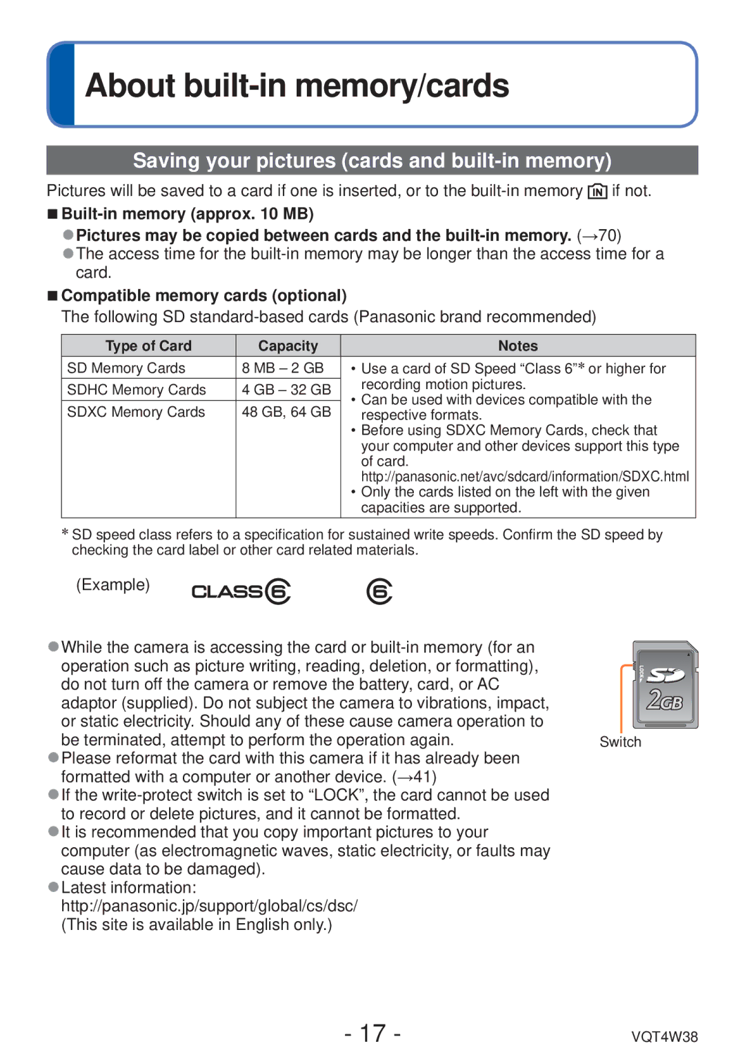 Panasonic DMC-F5 About built-in memory/cards, Saving your pictures cards and built-in memory, Type of Card Capacity 