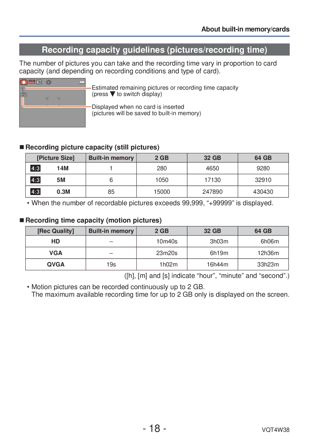 Panasonic DMC-F5 owner manual Recording capacity guidelines pictures/recording time, About built-in memory/cards 