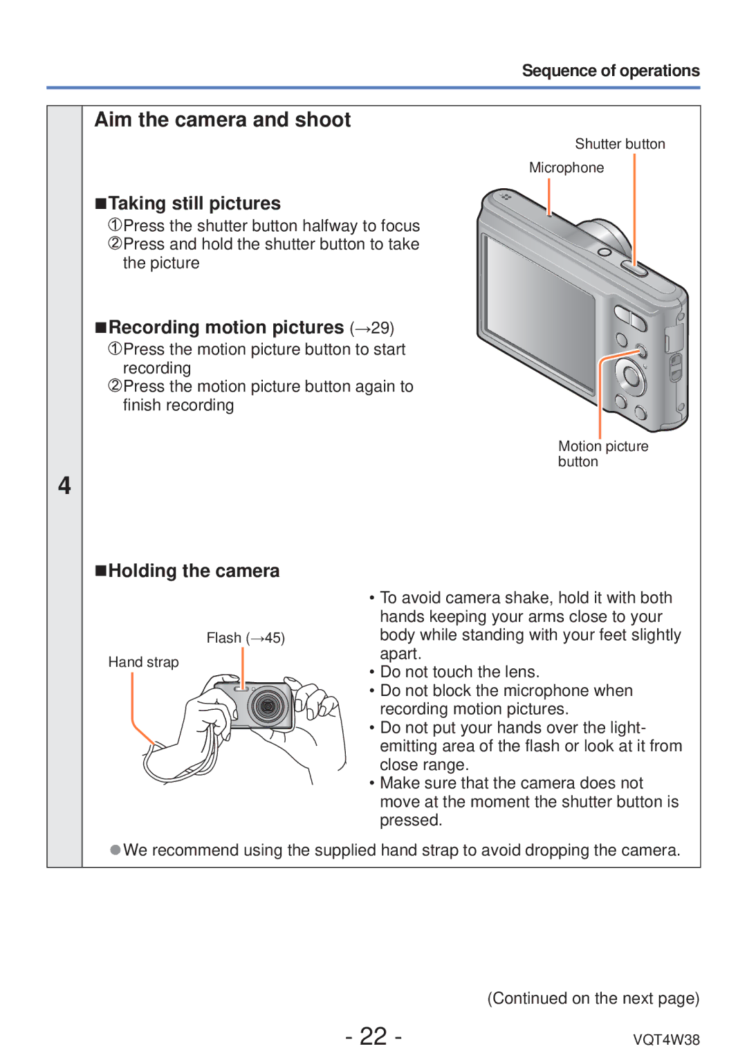 Panasonic DMC-F5 Aim the camera and shoot, Taking still pictures, Recording motion pictures →29, Holding the camera 