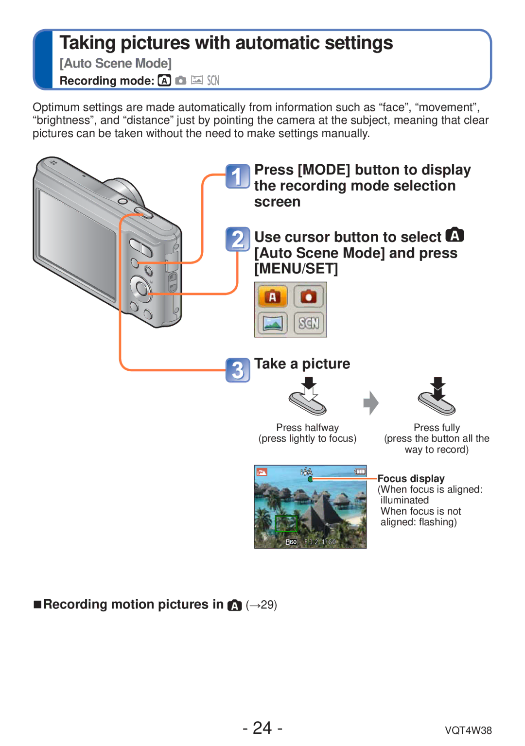 Panasonic DMC-F5 owner manual Recording motion pictures in →29, Focus display 