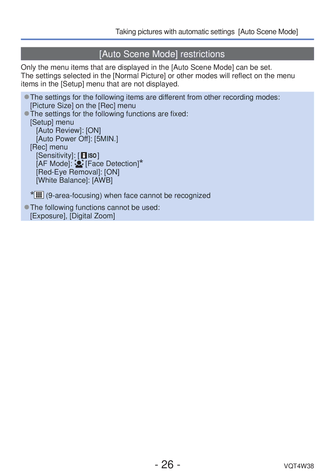 Panasonic DMC-F5 owner manual Auto Scene Mode restrictions 