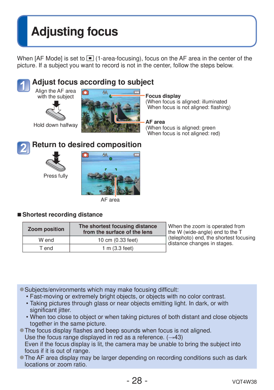 Panasonic DMC-F5 owner manual Adjusting focus, Adjust focus according to subject, Return to desired composition 