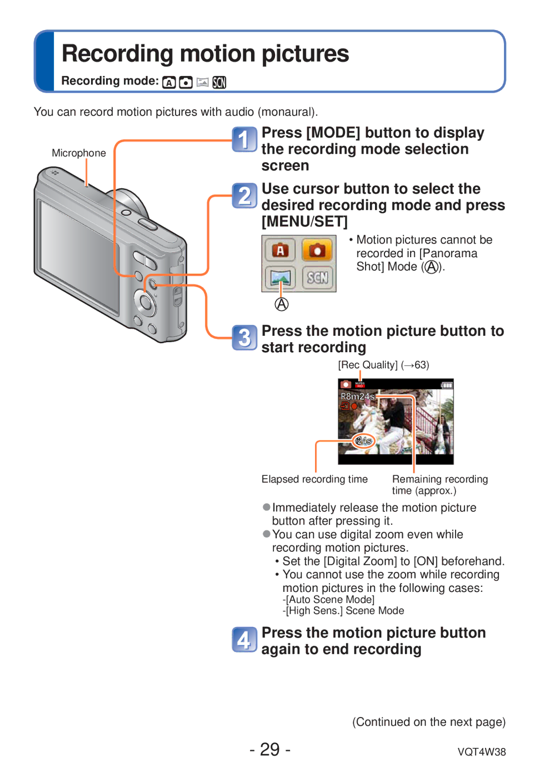 Panasonic DMC-F5 owner manual Recording motion pictures, Press the motion picture button to start recording 