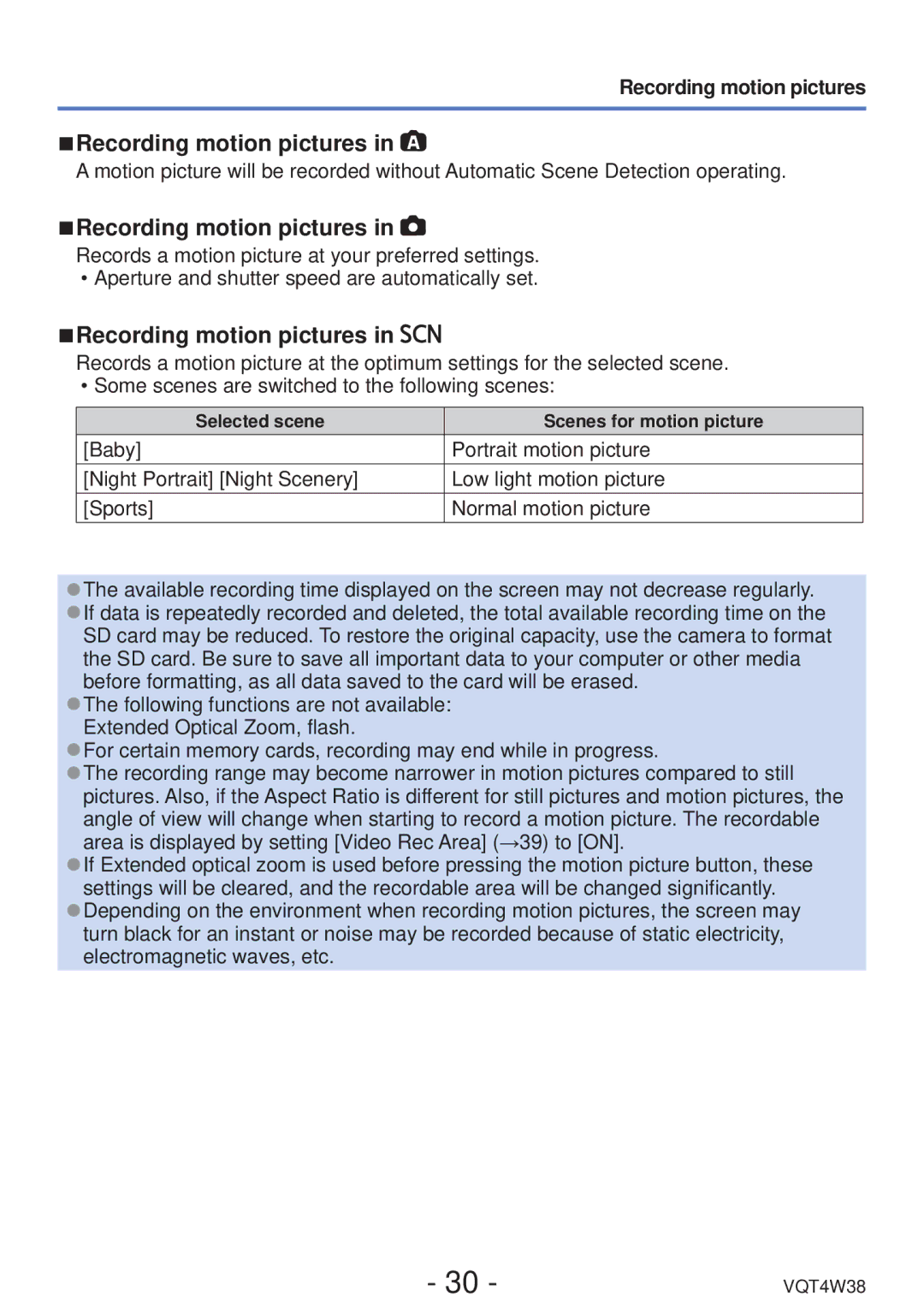 Panasonic DMC-F5 owner manual Recording motion pictures, Selected scene Scenes for motion picture 