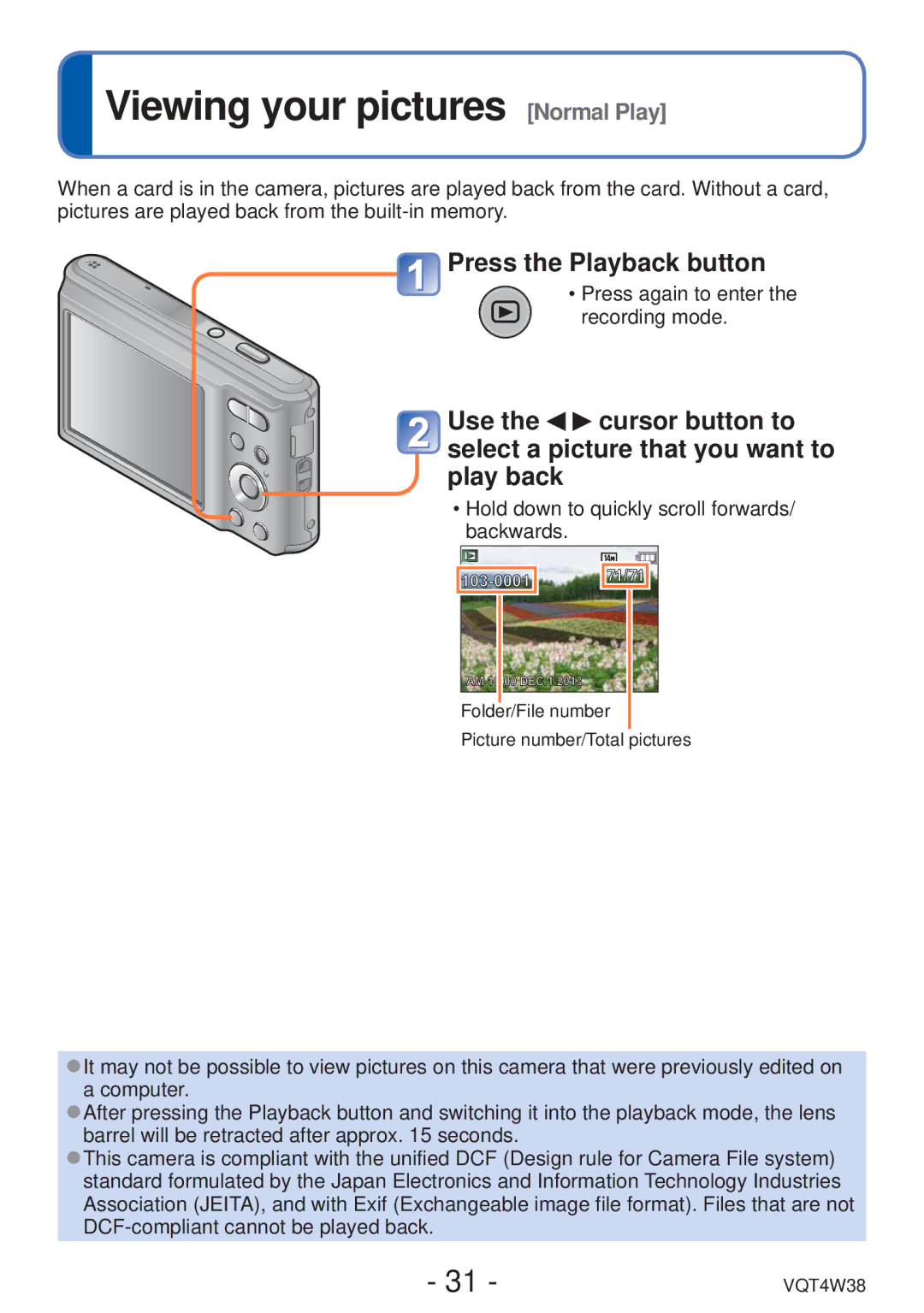 Panasonic DMC-F5 owner manual Viewing your pictures Normal Play, Press again to enter 