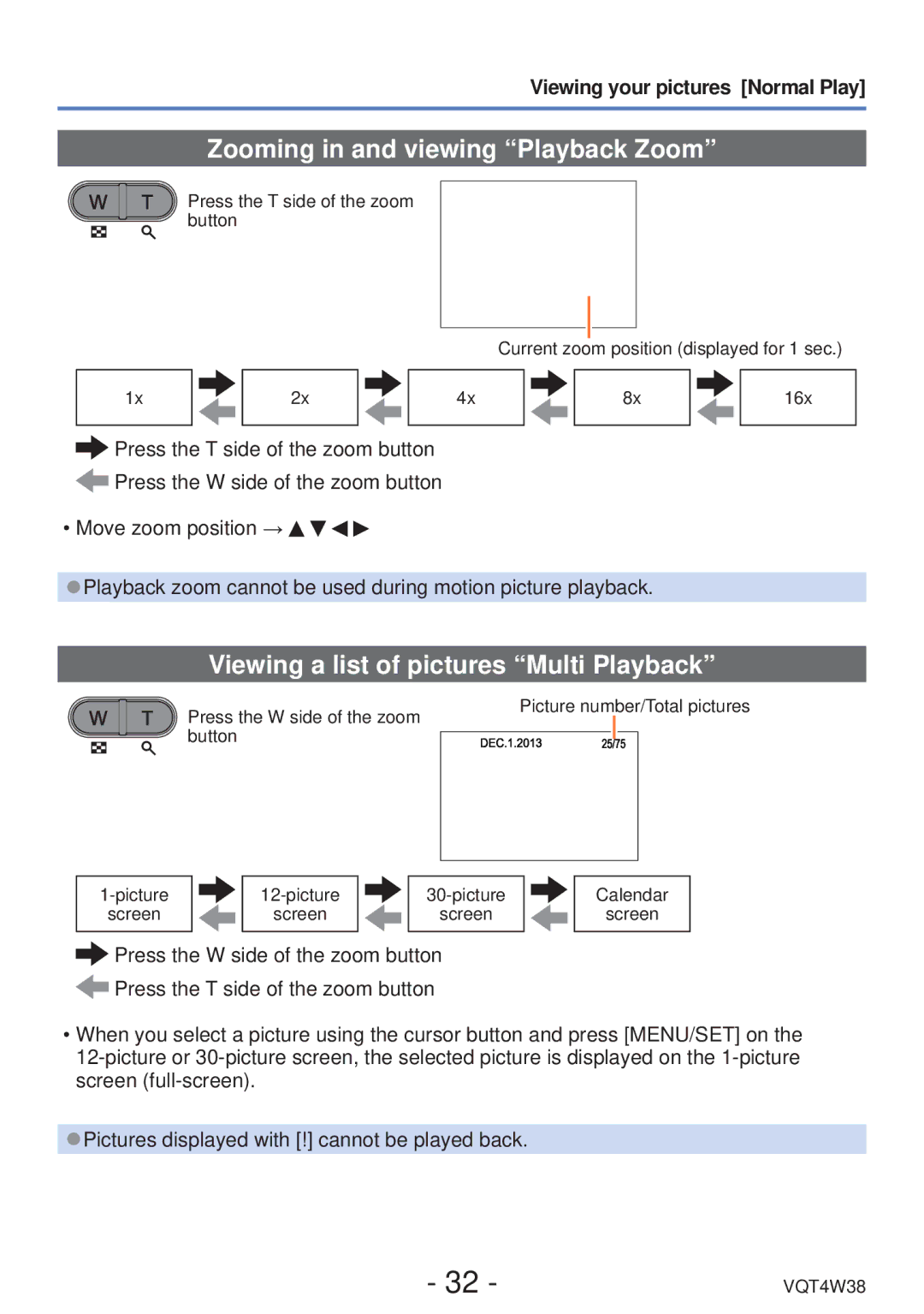 Panasonic DMC-F5 owner manual Zooming in and viewing Playback Zoom, Viewing a list of pictures Multi Playback 