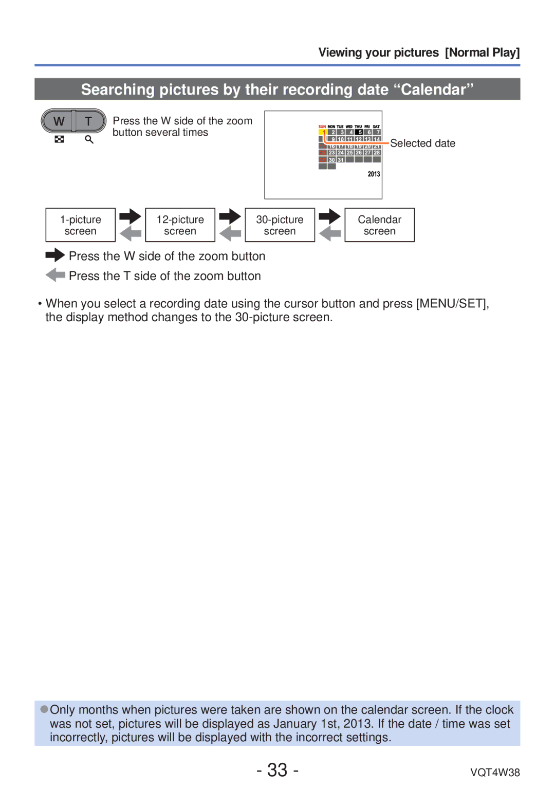 Panasonic DMC-F5 owner manual Searching pictures by their recording date Calendar 