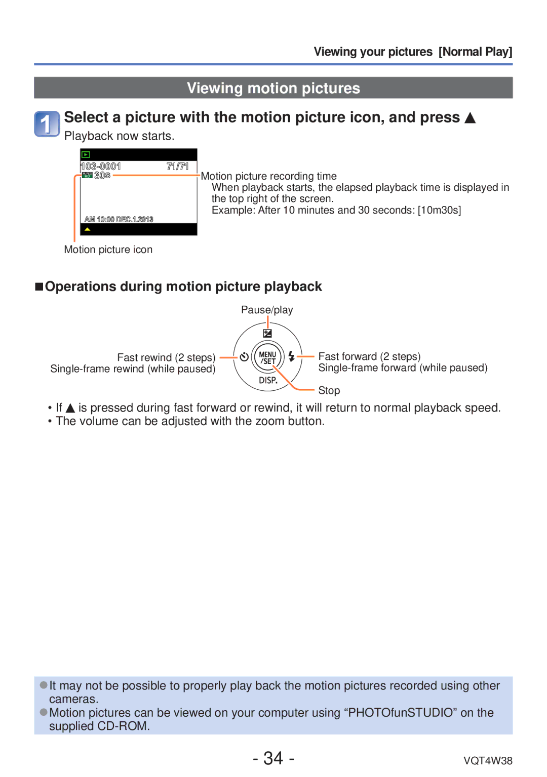 Panasonic DMC-F5 owner manual Viewing motion pictures, Select a picture with the motion picture icon, and press 