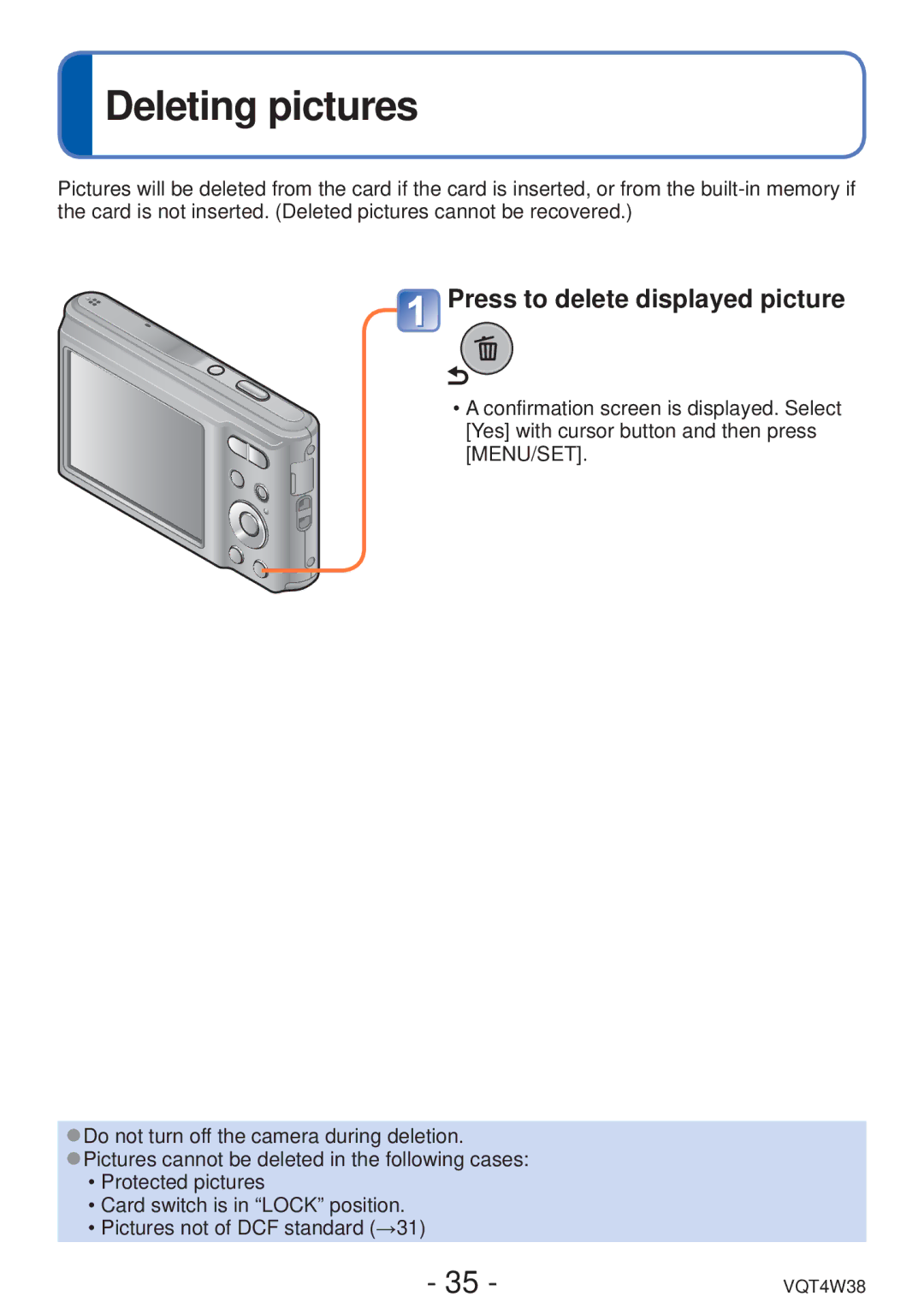 Panasonic DMC-F5 owner manual Deleting pictures, Press to delete displayed picture 