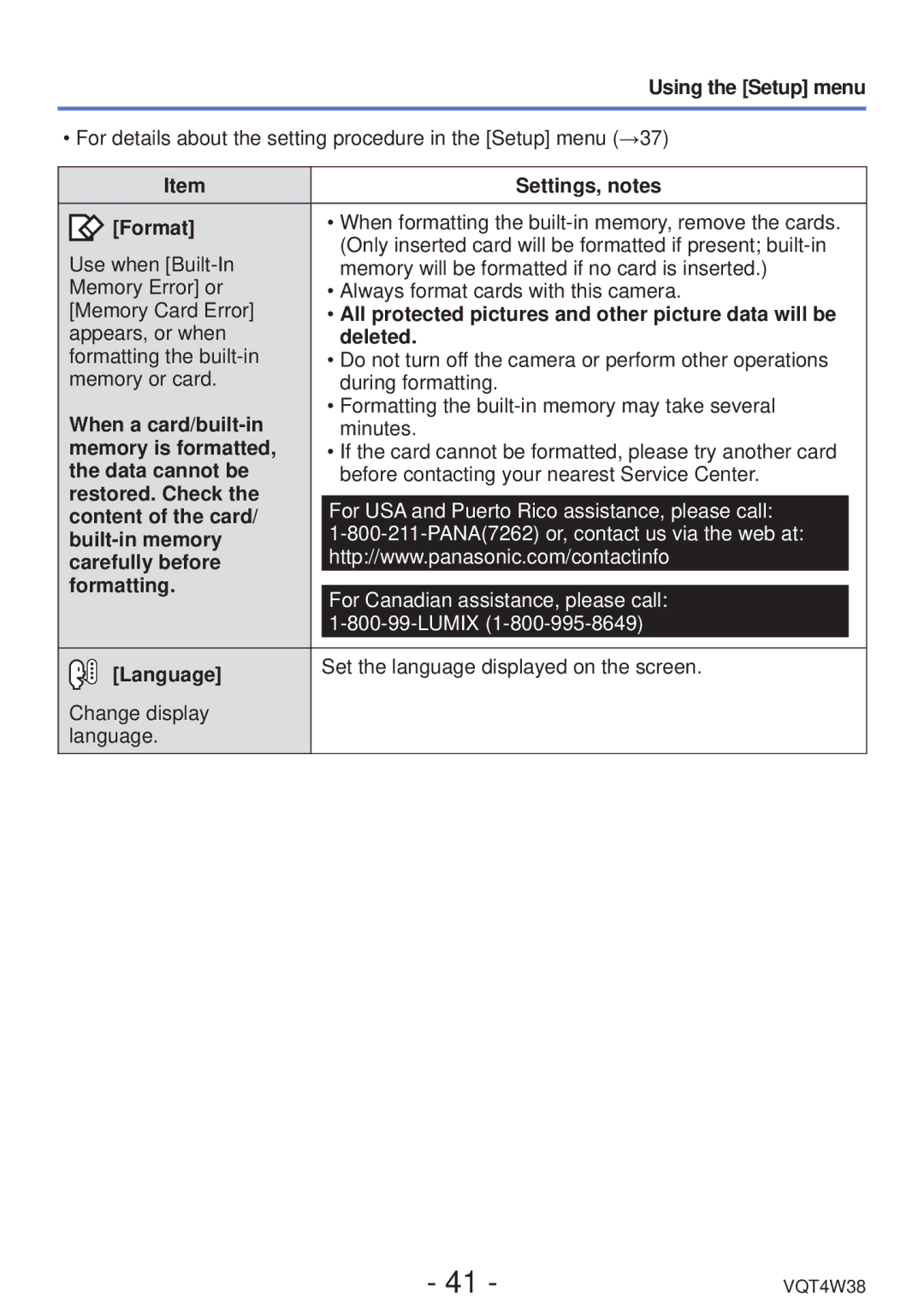 Panasonic DMC-F5 Format, Deleted, When a card/built-in, Memory is formatted, Data cannot be, Restored. Check, Language 