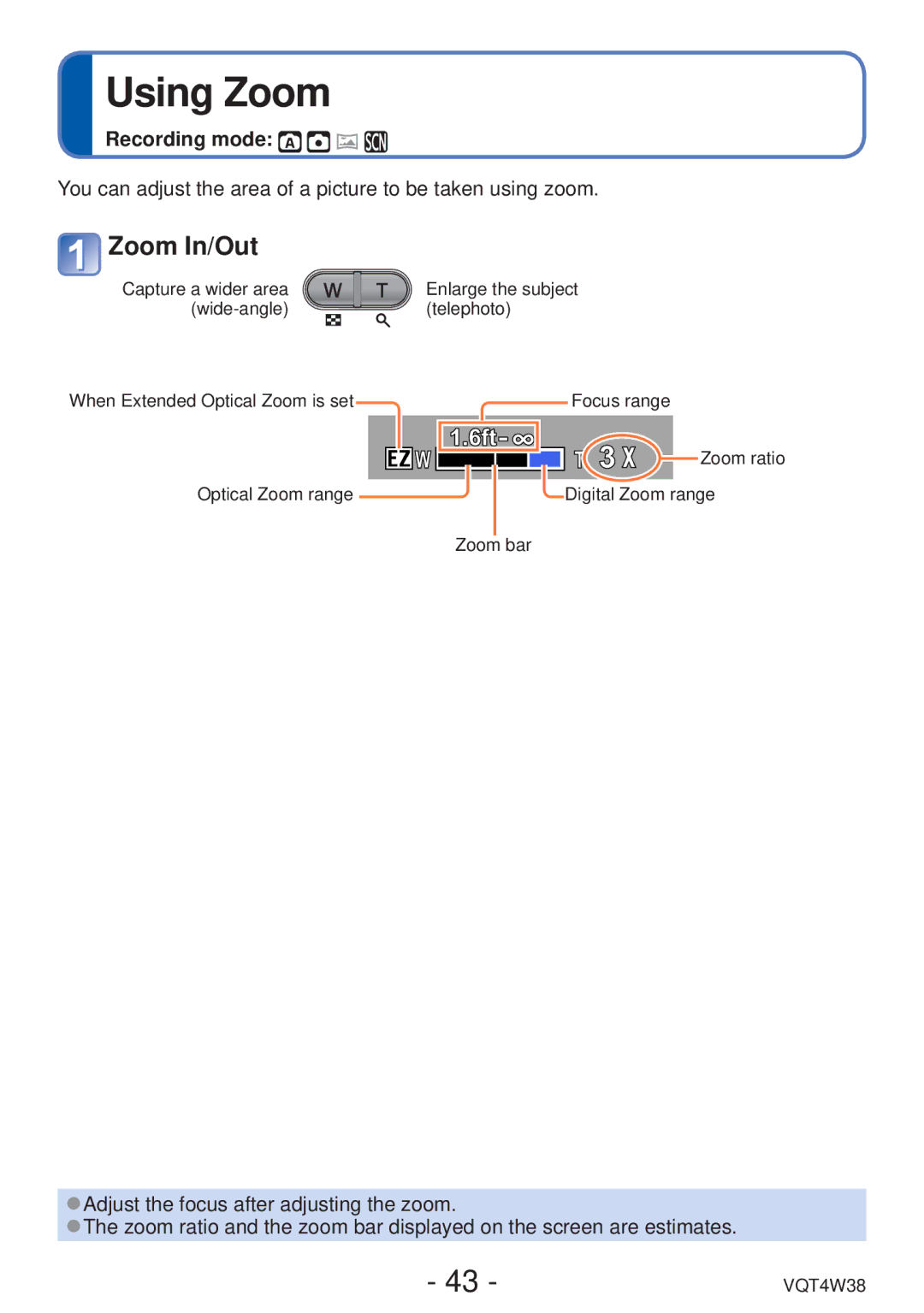 Panasonic DMC-F5 owner manual Using Zoom, Zoom In/Out 