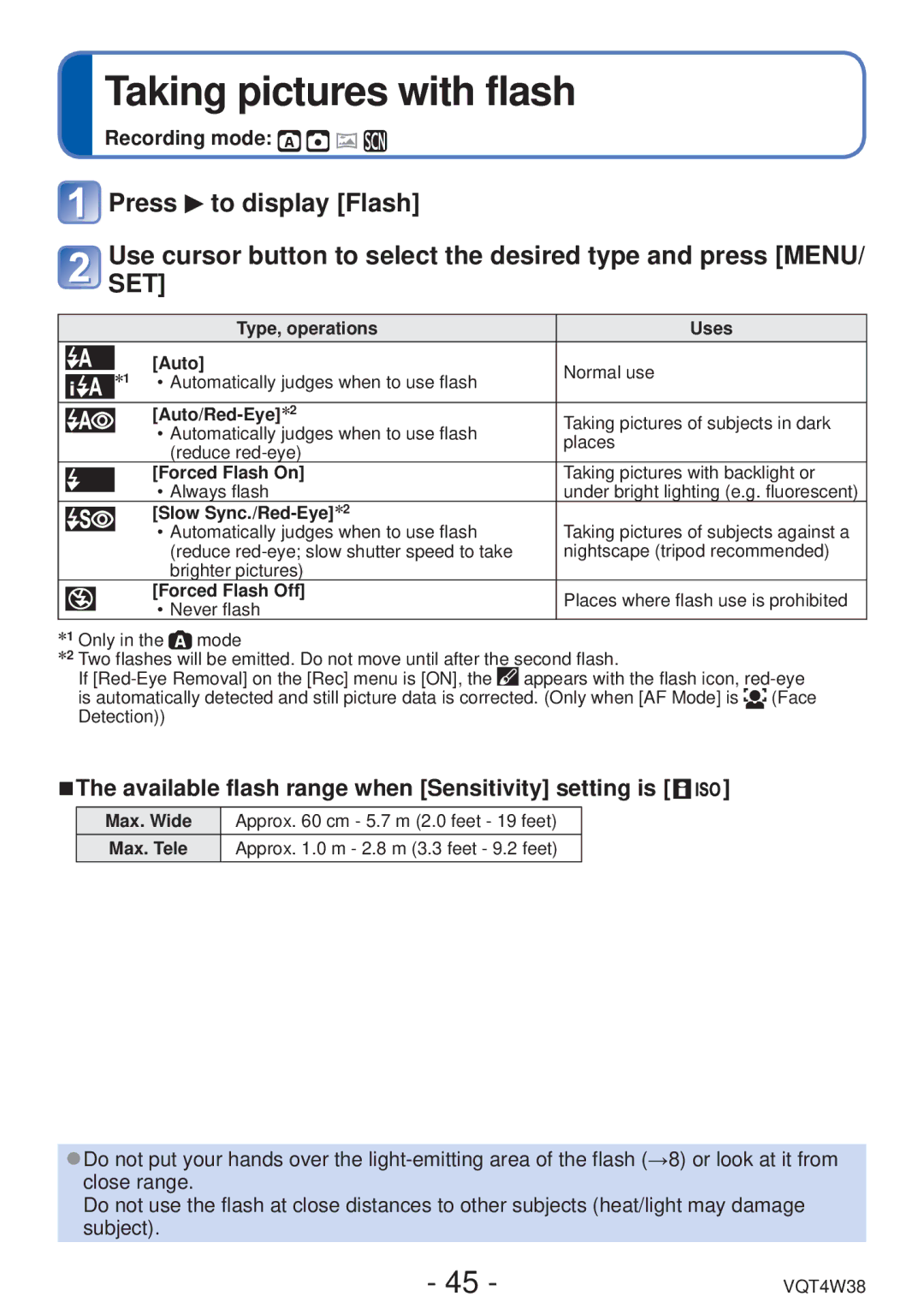 Panasonic DMC-F5 owner manual Taking pictures with flash, Available flash range when Sensitivity setting is 