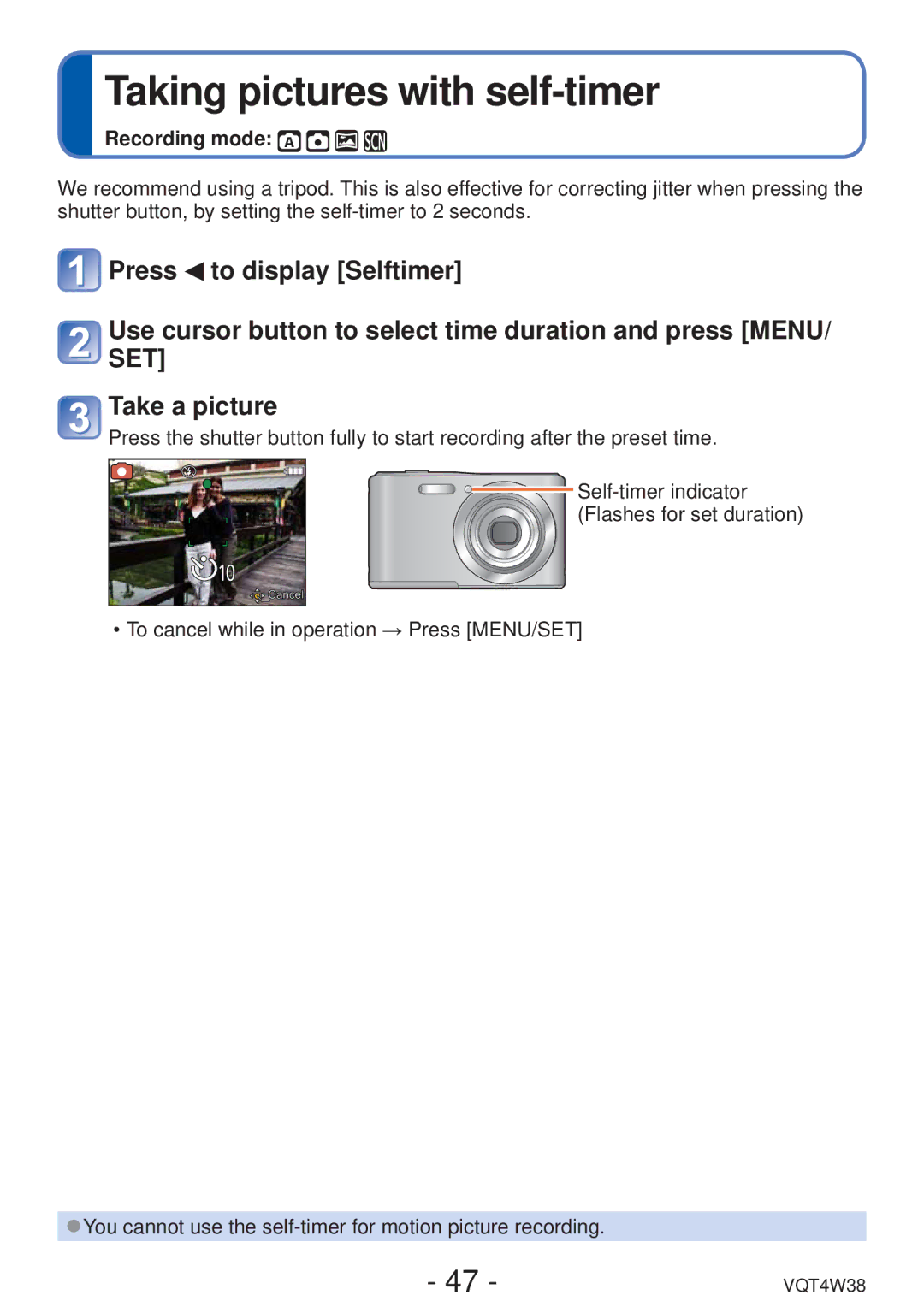 Panasonic DMC-F5 owner manual Taking pictures with self-timer 