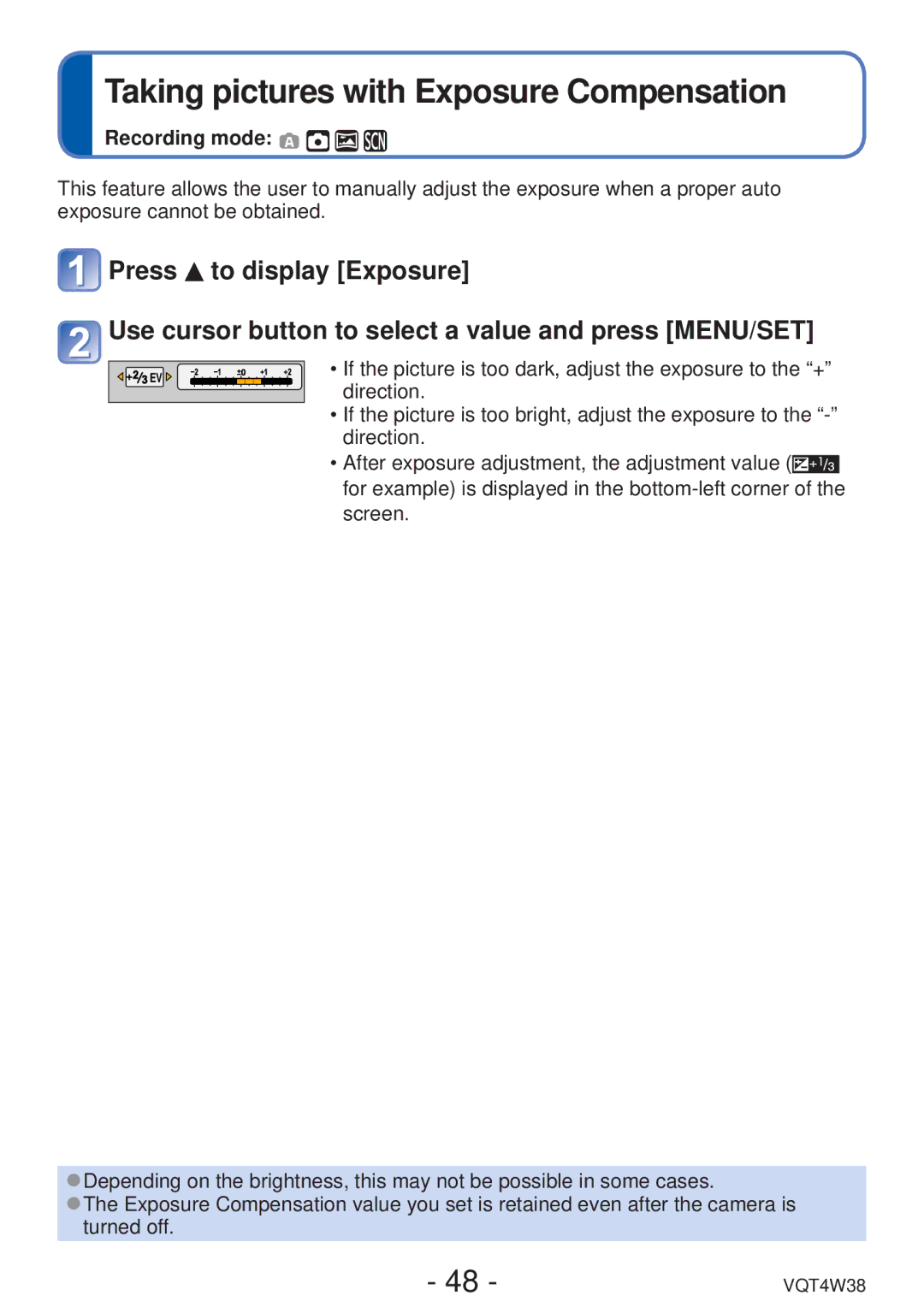 Panasonic DMC-F5 owner manual Taking pictures with Exposure Compensation 