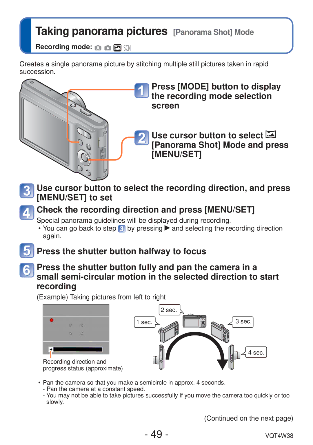 Panasonic DMC-F5 owner manual Taking panorama pictures Panorama Shot Mode 