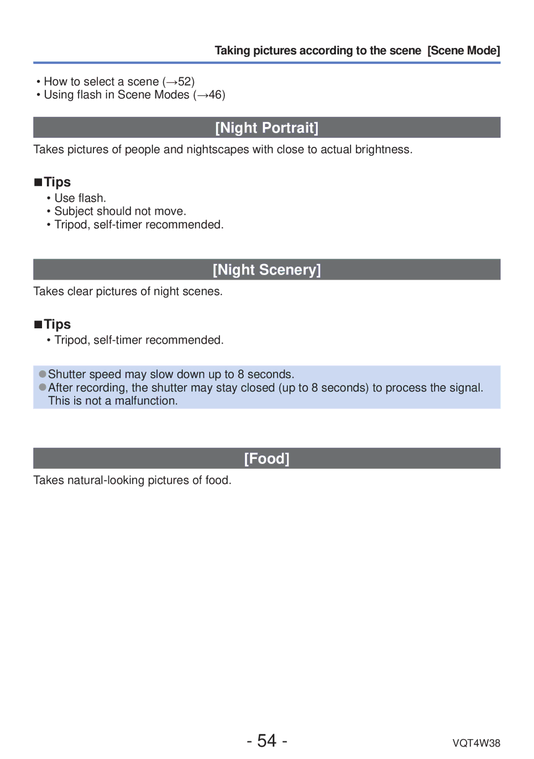 Panasonic DMC-F5 owner manual Night Portrait, Night Scenery, Food 