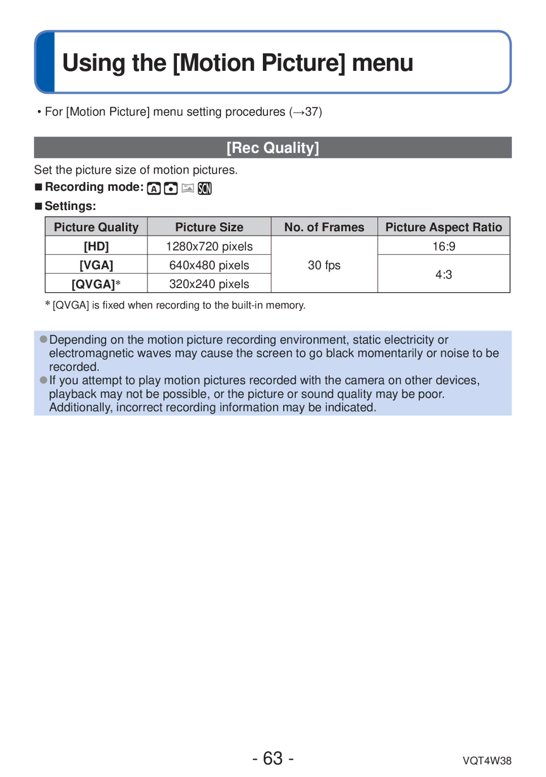 Panasonic DMC-F5 owner manual Using the Motion Picture menu, Rec Quality, 169, 1280x720 pixels 