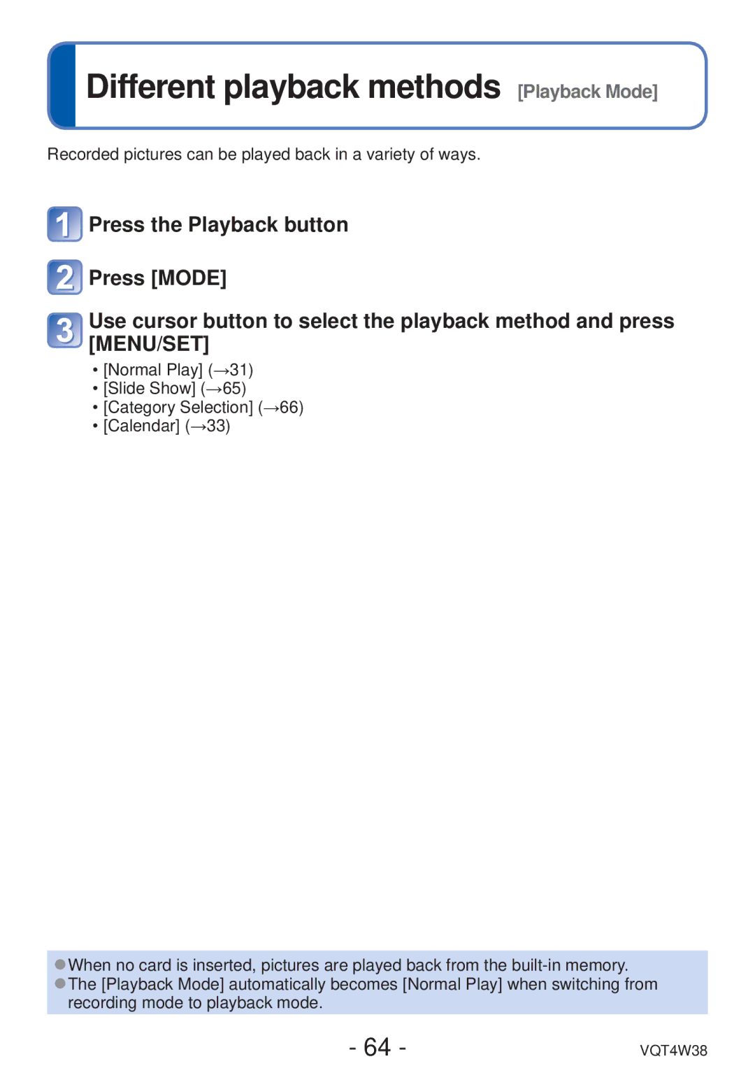 Panasonic DMC-F5 owner manual Different playback methods Playback Mode 