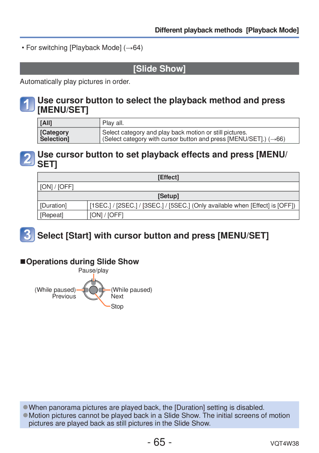 Panasonic DMC-F5 owner manual Select Start with cursor button and press MENU/SET, Operations during Slide Show 