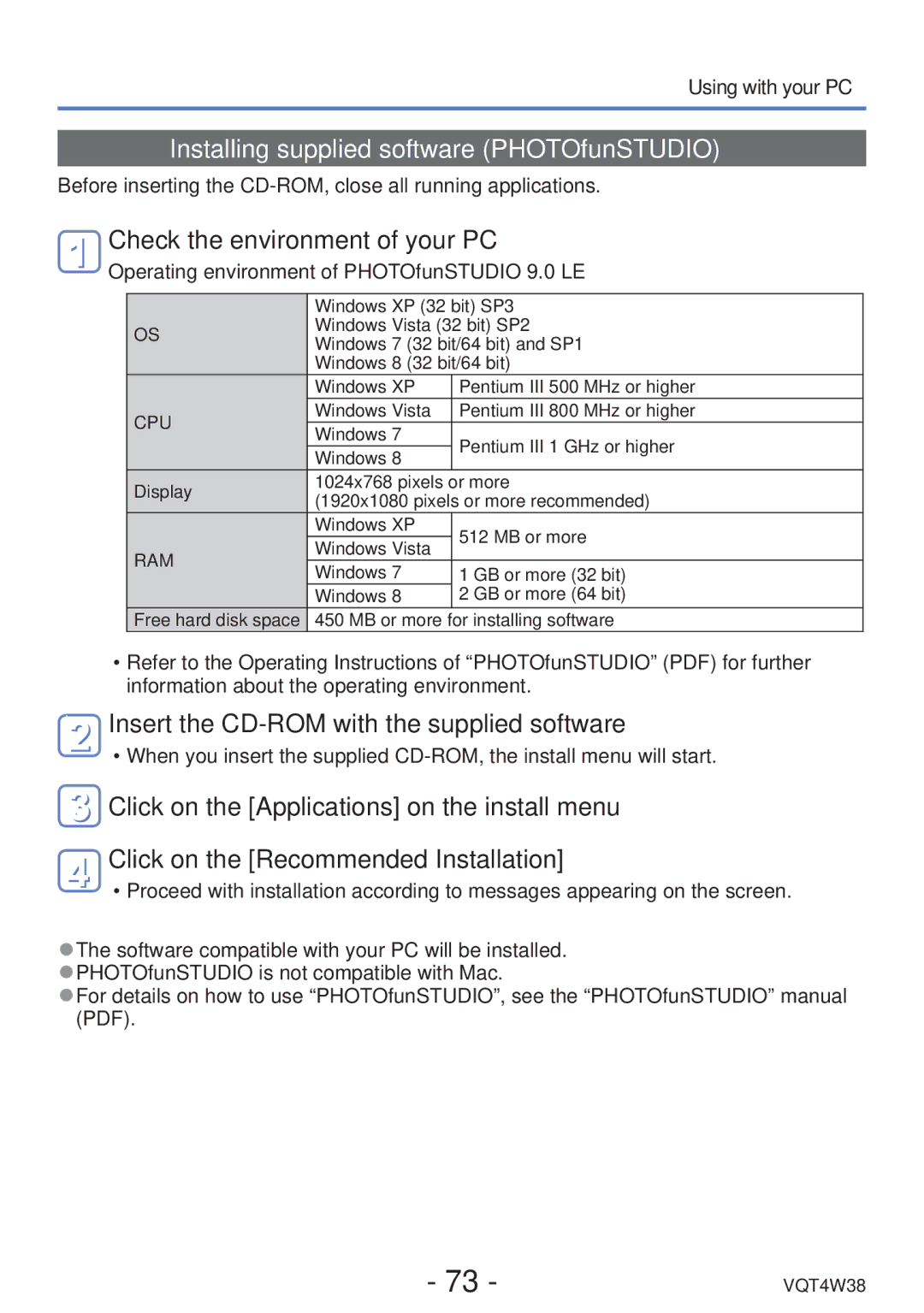 Panasonic DMC-F5 owner manual Installing supplied software PHOTOfunSTUDIO, Check the environment of your PC 