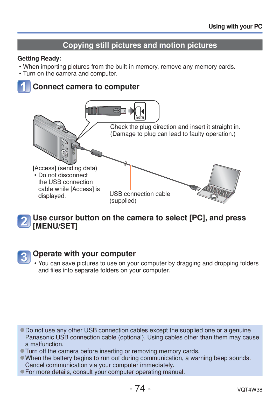 Panasonic DMC-F5 owner manual Copying still pictures and motion pictures, Connect camera to computer, Getting Ready 