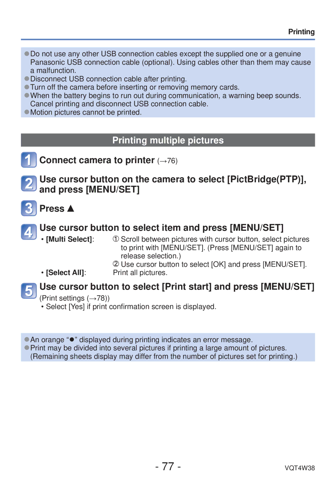 Panasonic DMC-F5 owner manual Printing multiple pictures, Multi Select, Select All 