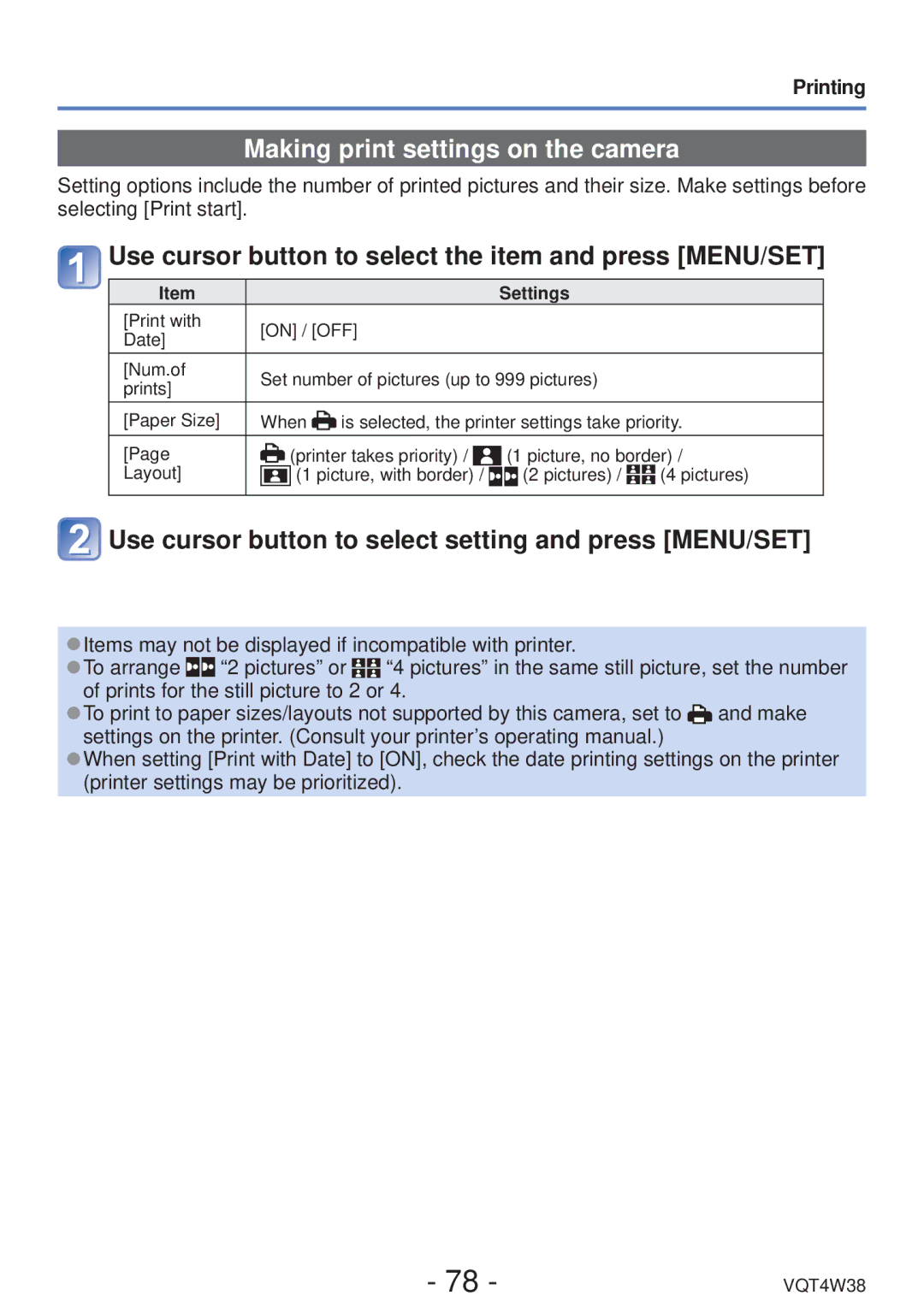 Panasonic DMC-F5 Making print settings on the camera, Use cursor button to select the item and press MENU/SET, Settings 