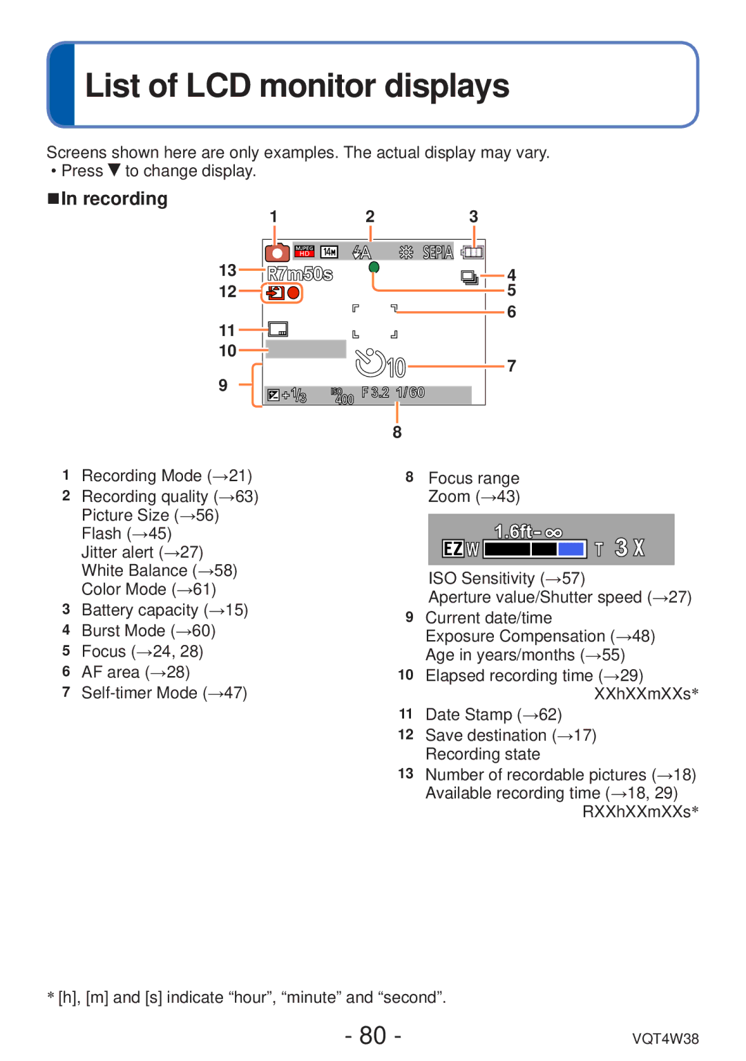 Panasonic DMC-F5 owner manual List of LCD monitor displays, Recording Mode →21, Recording quality →63, Picture Size →56 