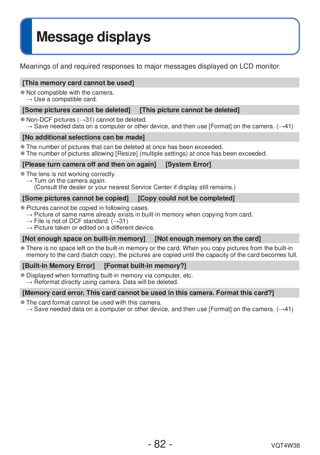 Panasonic DMC-F5 owner manual Message displays 