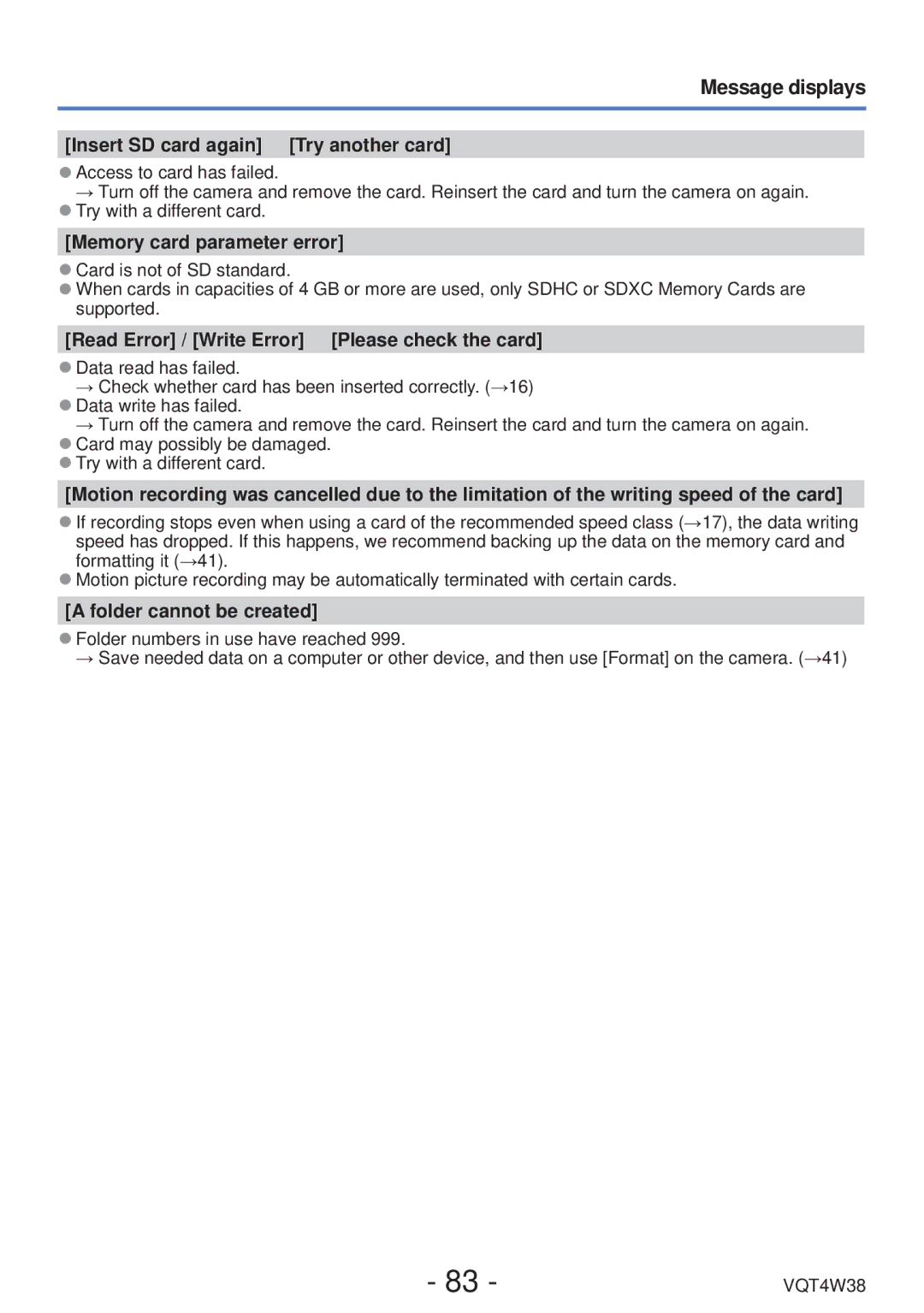 Panasonic DMC-F5 owner manual Message displays, Insert SD card again Try another card, Memory card parameter error 