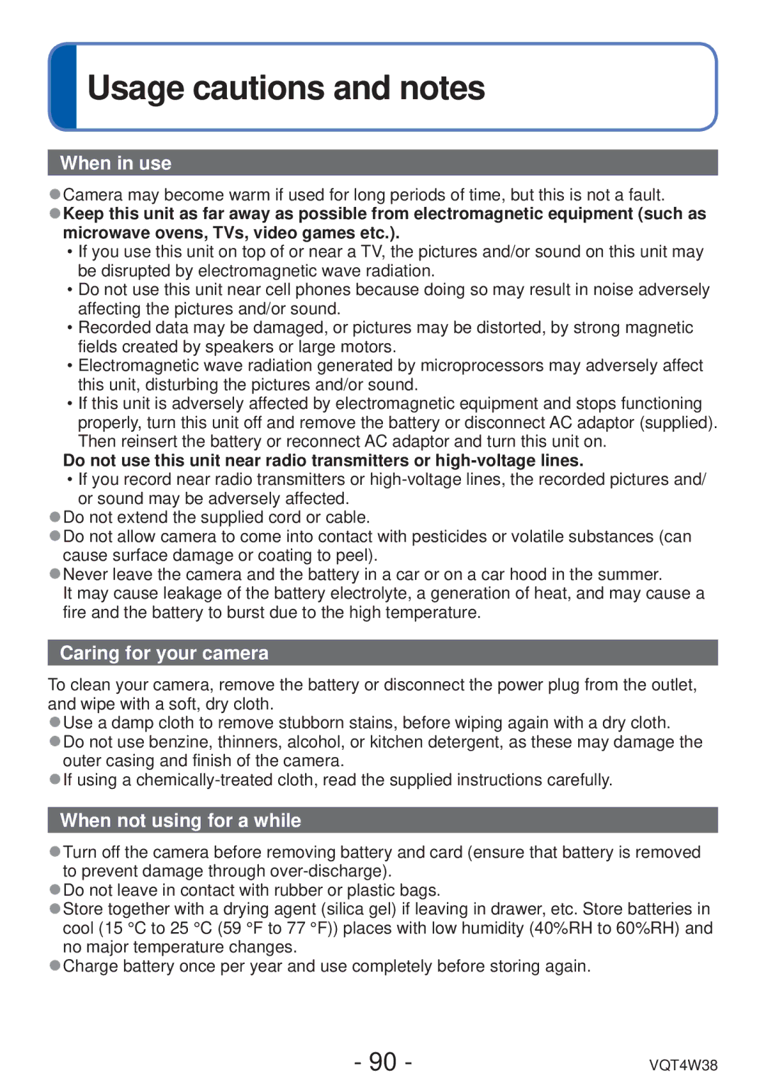 Panasonic DMC-F5 owner manual Usage cautions and notes, When in use 