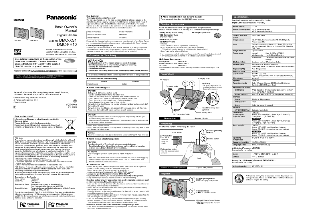 Panasonic DMC-XS1 manual Information for Your Safety, Standard Accessories, Preparations Specifications, Recording 