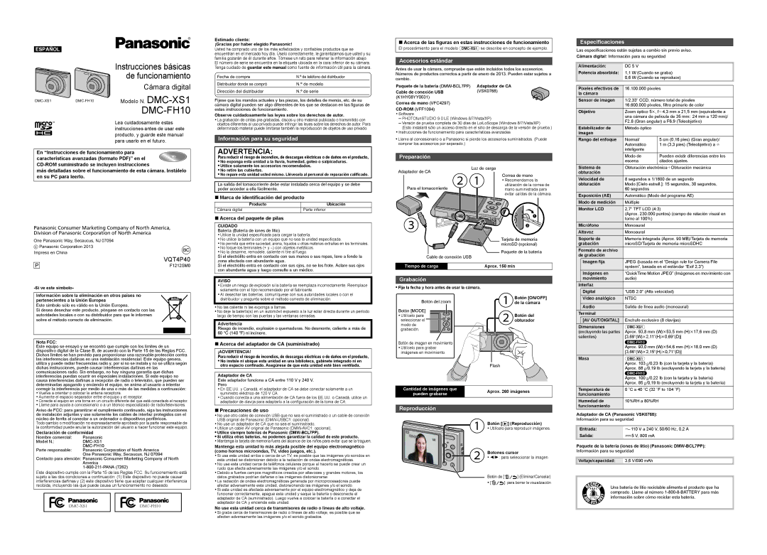 Panasonic DMCXS1W, DMC-FH10K Información para su seguridad, Accesorios estándar, Preparación Especificaciones, Grabación 