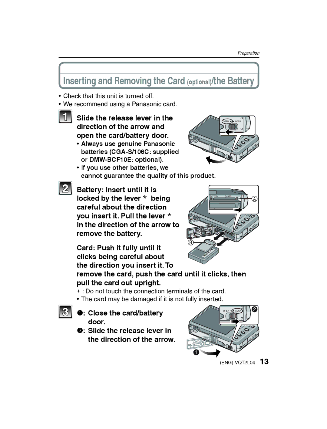 Panasonic DMC-FH22 operating instructions Slide the release lever, Direction of the arrow and open the card/battery door 