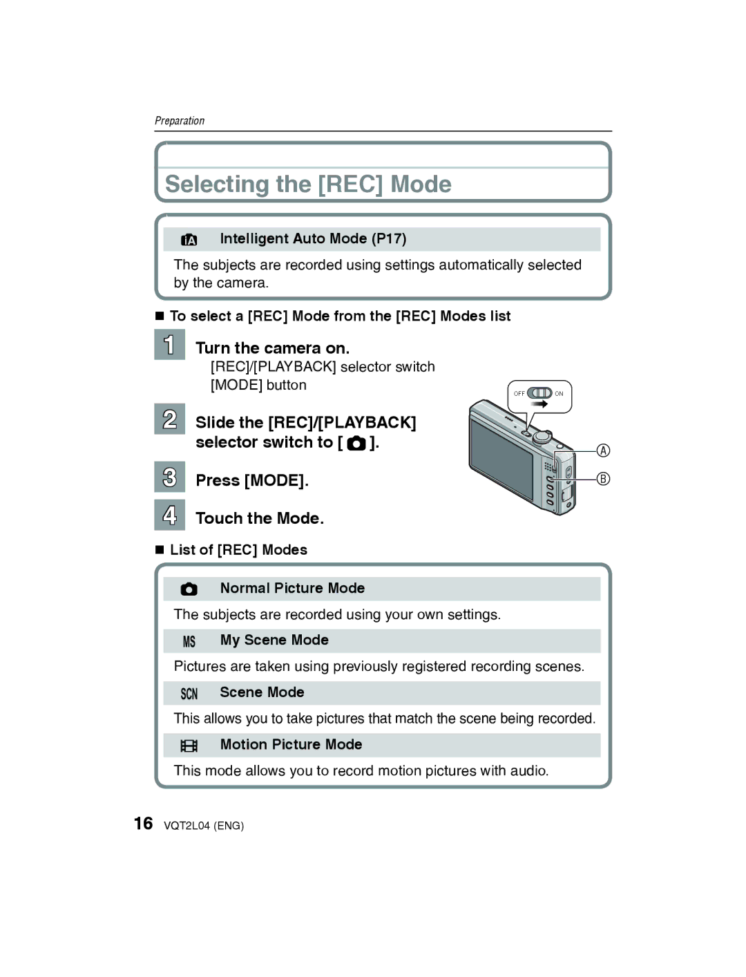 Panasonic DMC-FH22 operating instructions Selecting the REC Mode 