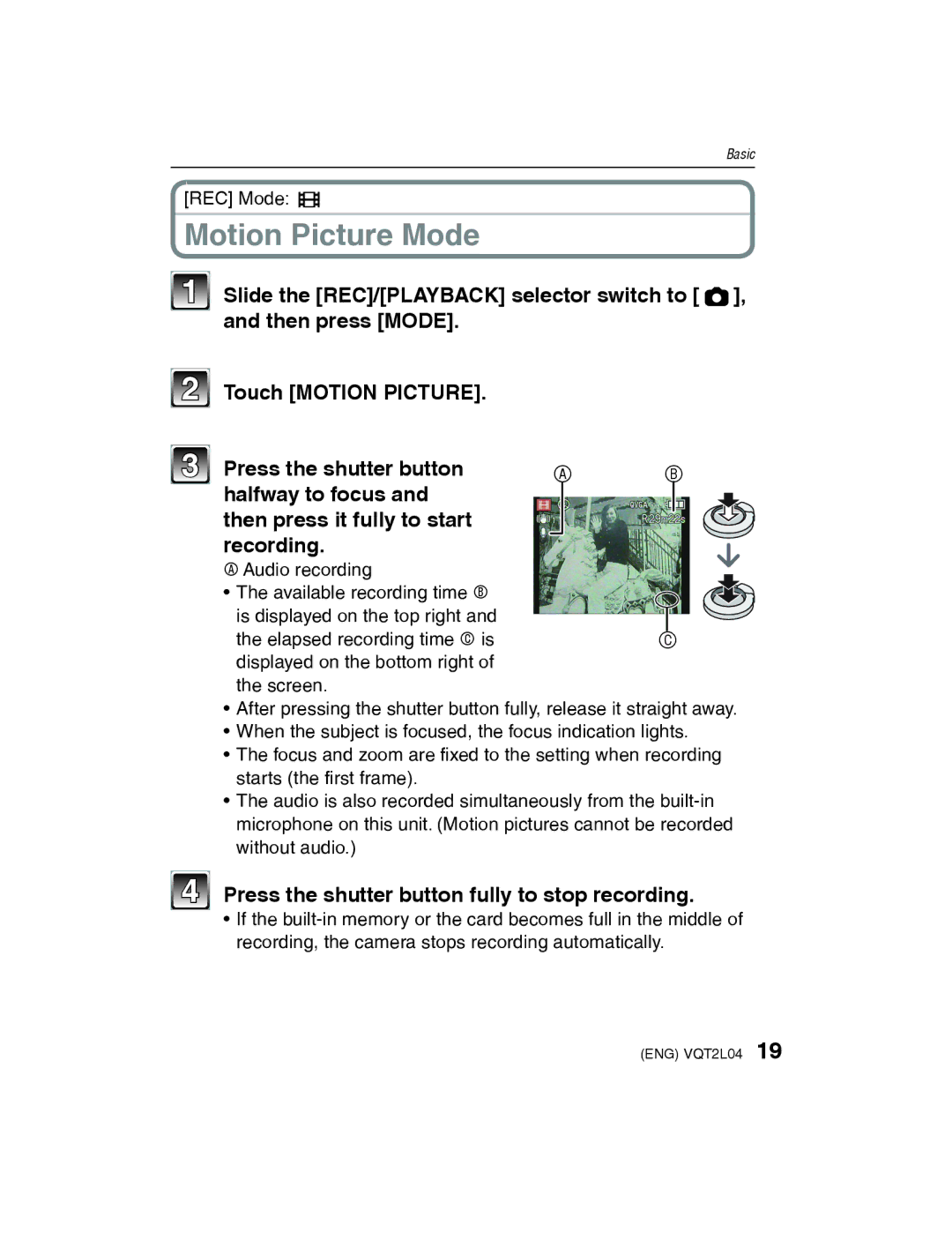 Panasonic DMC-FH22 operating instructions Motion Picture Mode, Press the shutter button fully to stop recording 