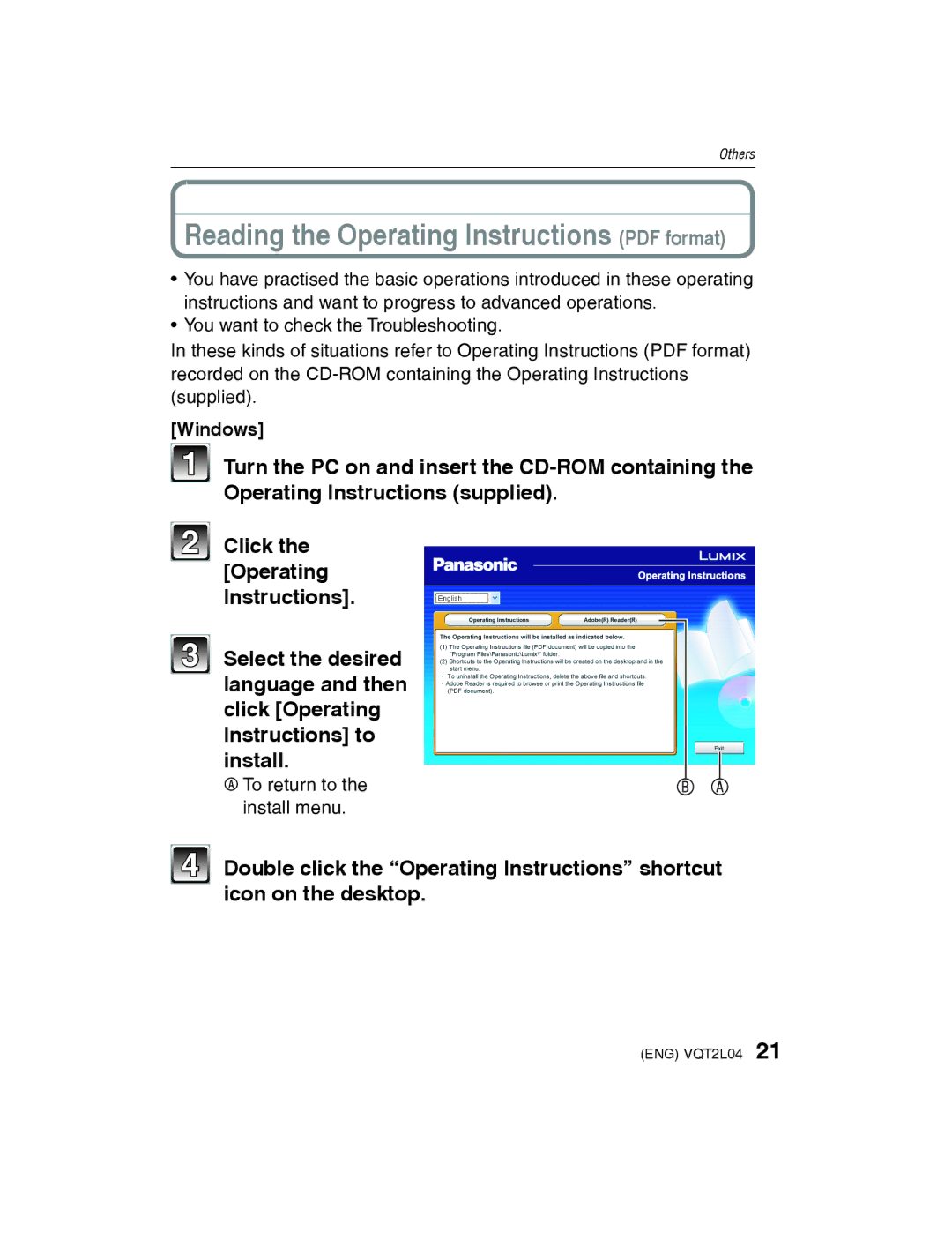 Panasonic DMC-FH22 operating instructions Windows, To return to Install menu 