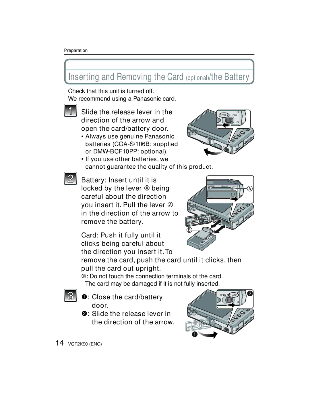 Panasonic DMC-FH22K Slide the release lever, Direction of the arrow and open the card/battery door, Close the card/battery 