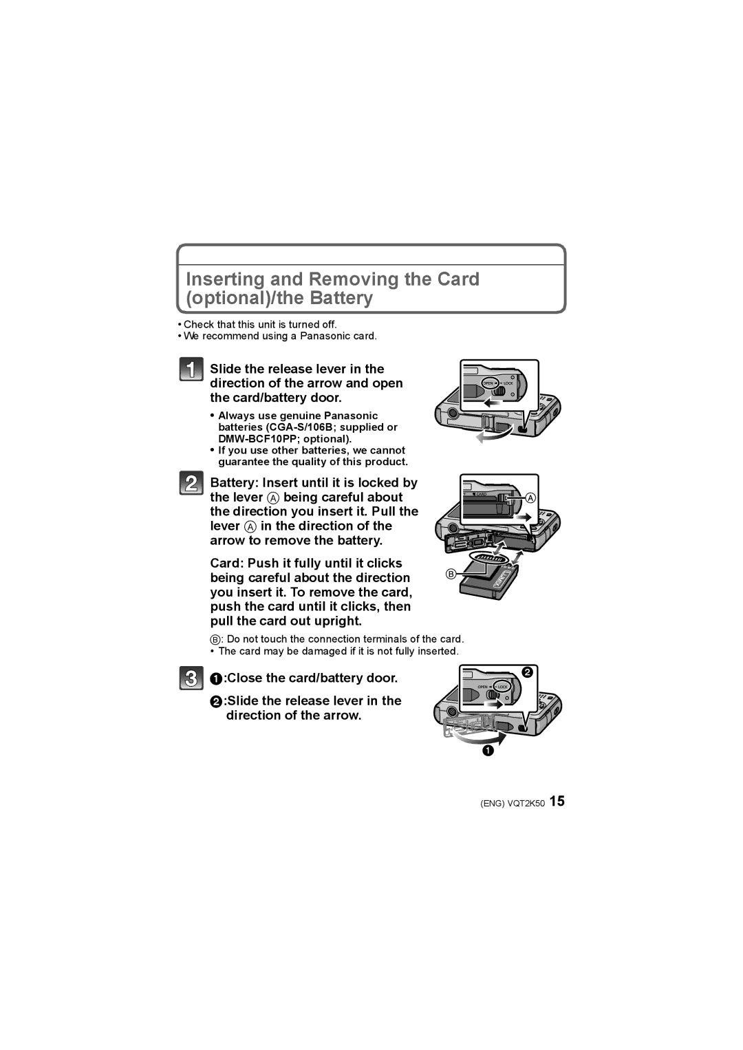 Panasonic DMC-FH3, DMC-FH20, DMC-FH1 operating instructions Inserting and Removing the Card optional/the Battery 