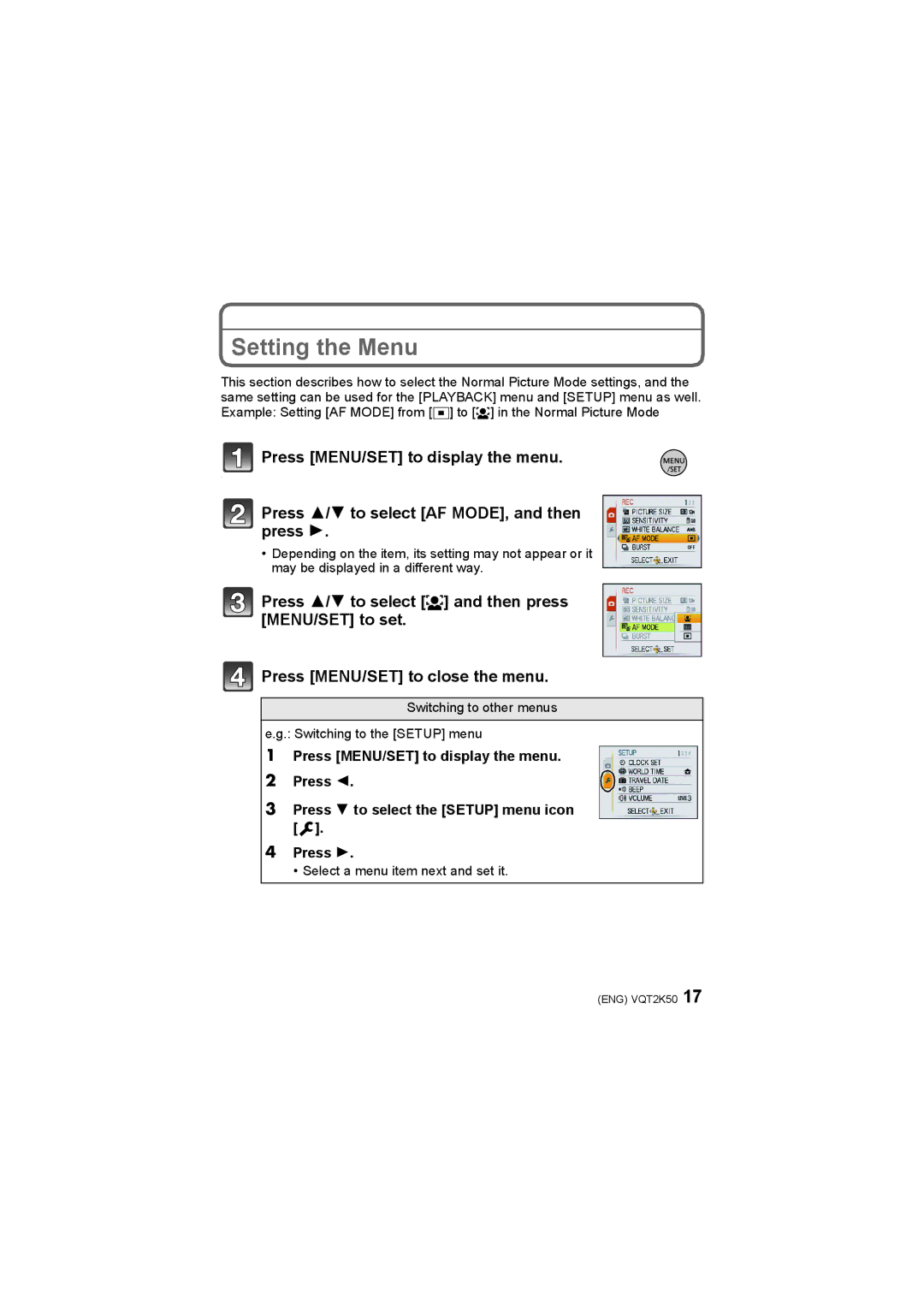 Panasonic DMC-FH1, DMC-FH3, DMC-FH20 operating instructions Setting the Menu 