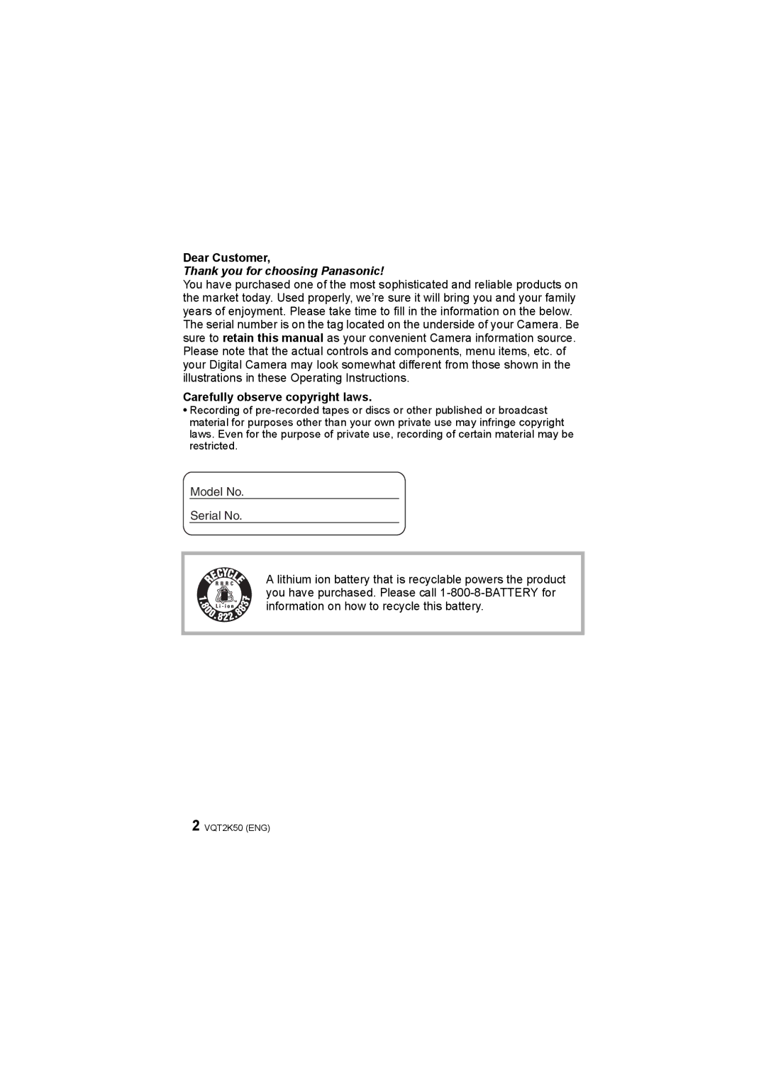 Panasonic DMC-FH1, DMC-FH3, DMC-FH20 operating instructions Dear Customer, Carefully observe copyright laws 