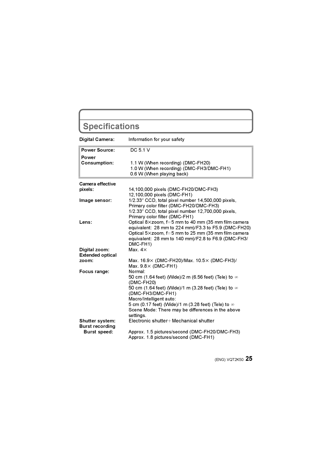 Panasonic DMC-FH20, DMC-FH3, DMC-FH1 operating instructions Specifications 