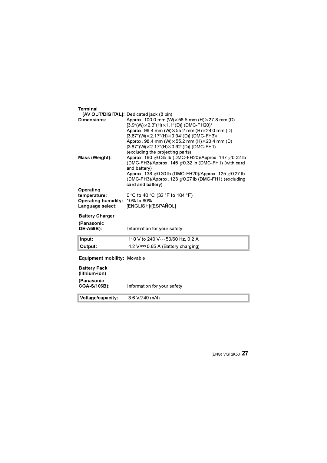 Panasonic DMC-FH3, DMC-FH20, DMC-FH1 Terminal, Operating humidity 10% to 80%, Battery Charger Panasonic, Input, Output 