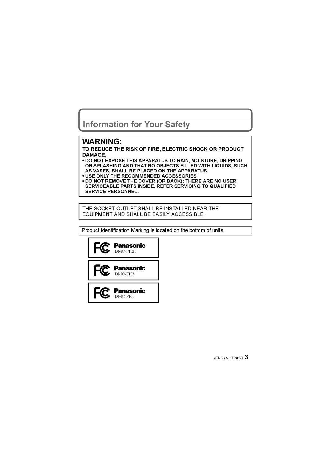 Panasonic DMC-FH3, DMC-FH20, DMC-FH1 operating instructions Information for Your Safety 