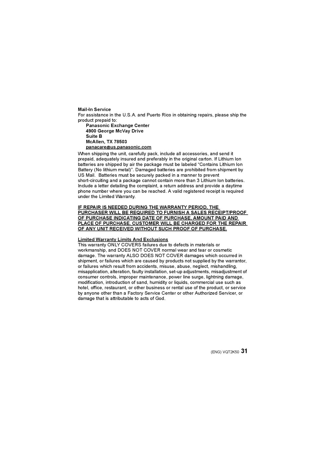 Panasonic DMC-FH20, DMC-FH3, DMC-FH1 operating instructions Mail-In Service, Limited Warranty Limits And Exclusions 
