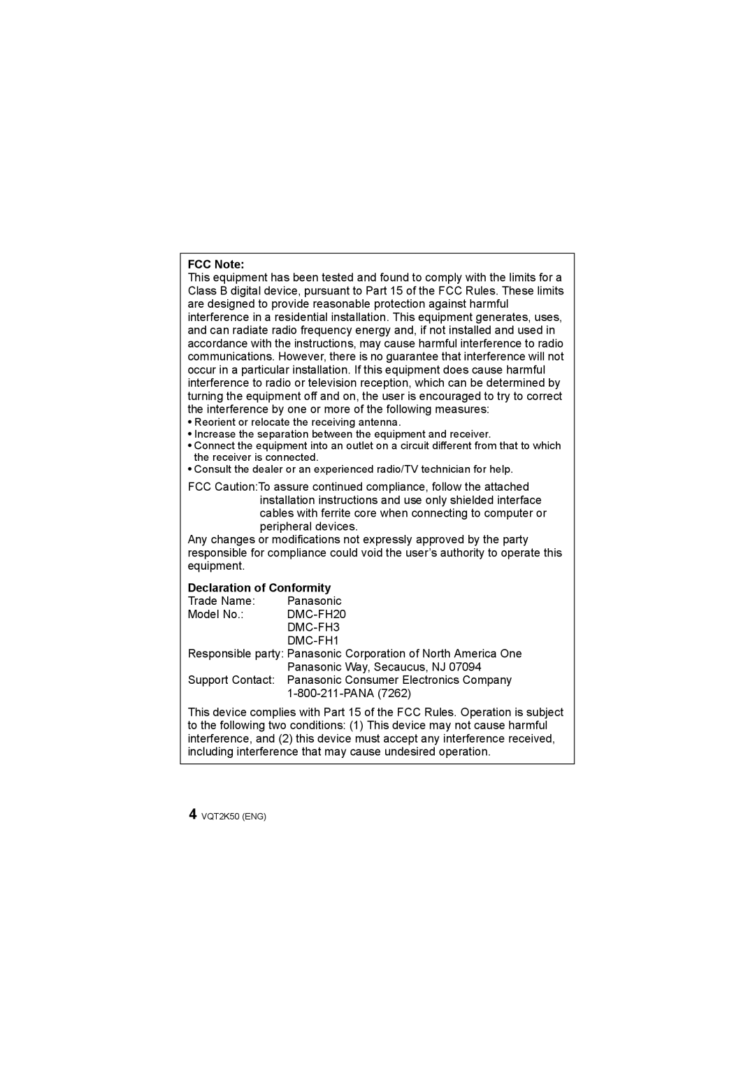 Panasonic DMC-FH20, DMC-FH3, DMC-FH1 operating instructions FCC Note, Declaration of Conformity 