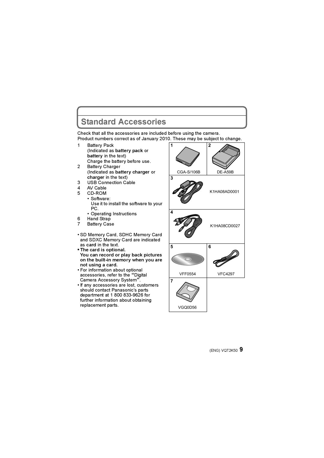 Panasonic DMC-FH3, DMC-FH20, DMC-FH1 Standard Accessories, Indicated as battery charger or charger in the text 